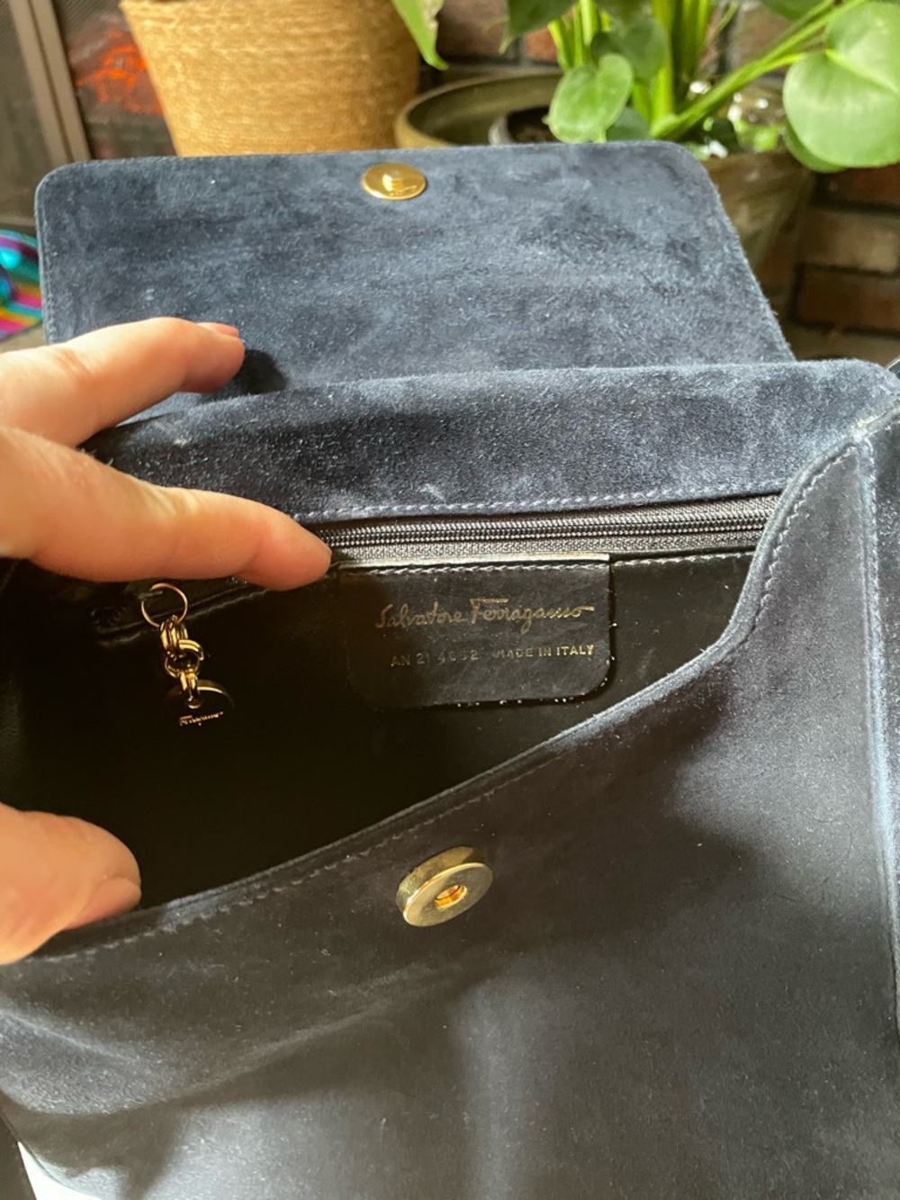 Salvatore Ferragamo Navy Suede Shoulder Bag with Gold Hardware